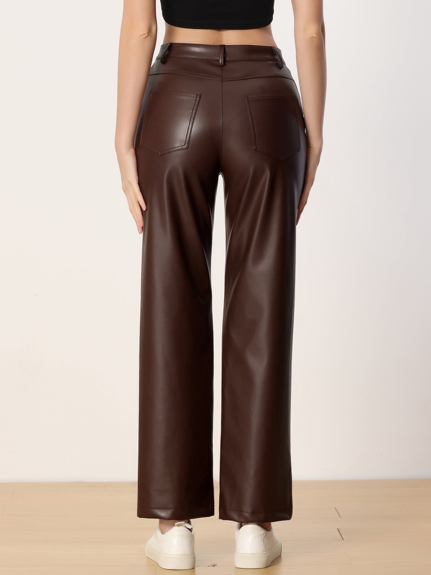 DARING DIVA Women's Faux Leather High Waist Straight Leg PU Punk Trousers L Brown