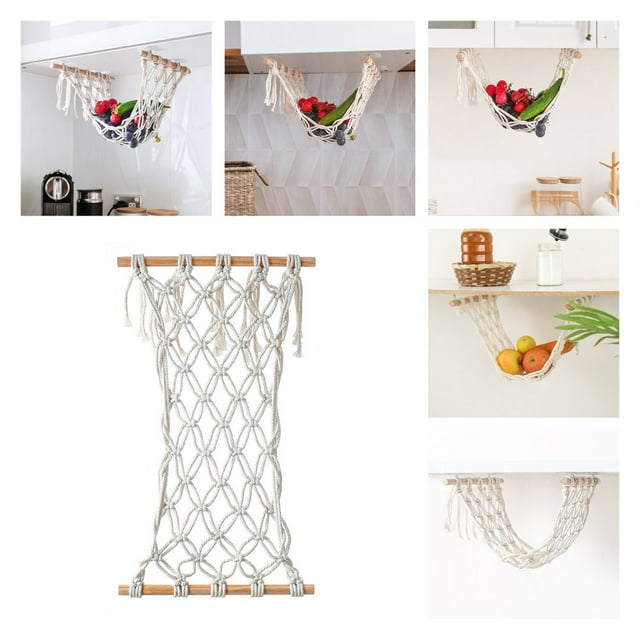 Cotton Rope Fruit Hammock with Wood Rod Innovative Hanging Vegetables Fruit Basket Kitchen Tools