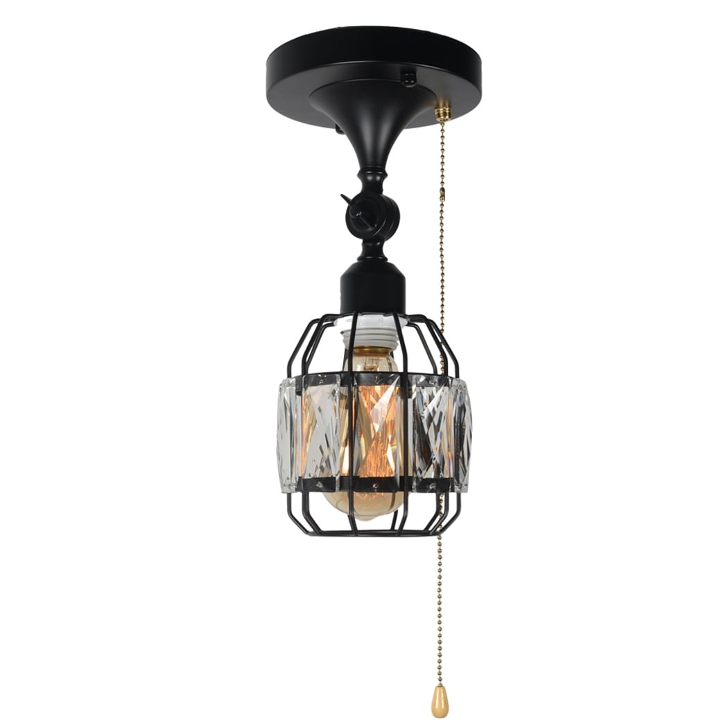 Crystal Cage Semi Flush Mount Light with Pull Chain, 1Light Black Modern Industrial Ceiling