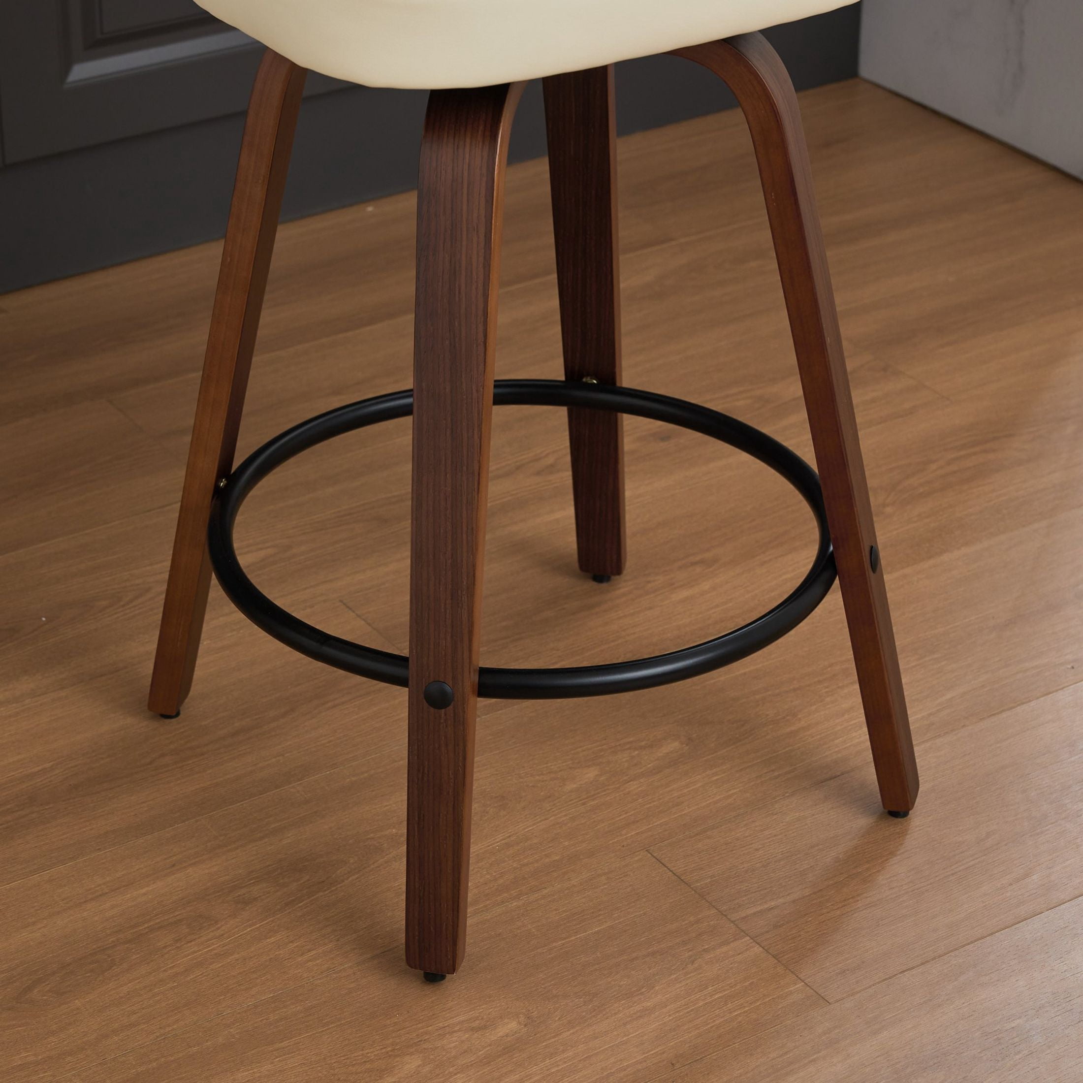 Noble House Set of 2 Counter Height Bar Stools, Cane Back, PU Seat, Walnut + Beige