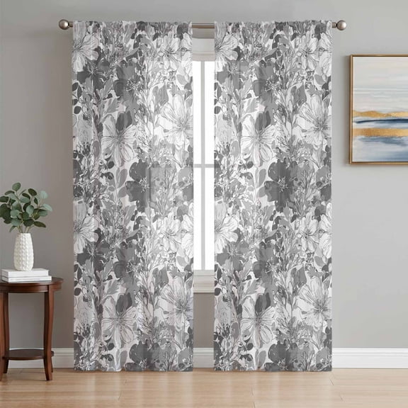 Spring Floral Sheer Curtains 96 Inch Length 2 Panels Set Window Treatments, Retro Country Flowers Leaves Botanical Gray Rod Pocket Semi Curtains for Living Room/Bedroom/Kitchen Décor, 104"W x 96"L