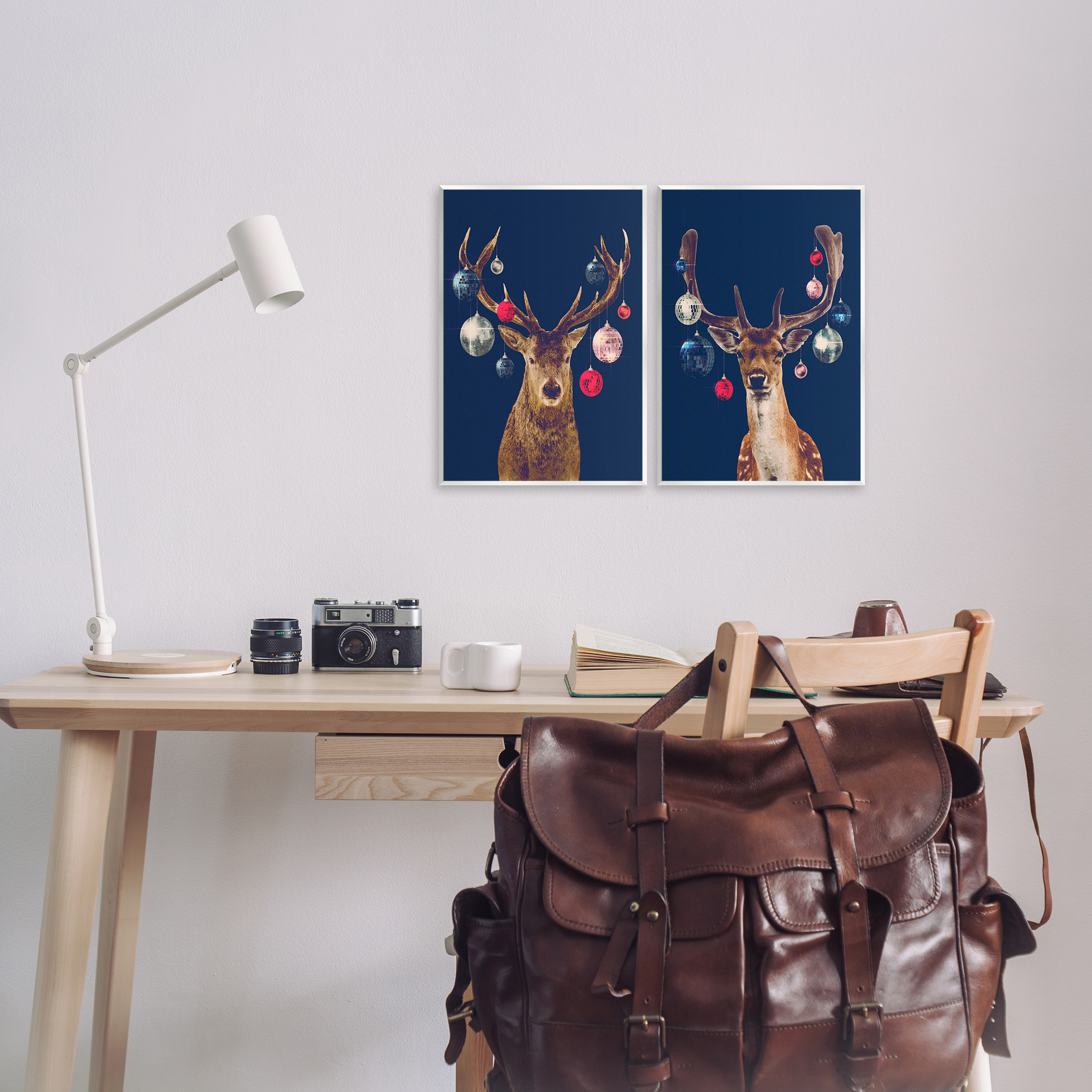 Stupell Industries Navy Brown Disco Deer Holiday Painting Unframed Art Print Wall Art, 11 x 14, Set of 2