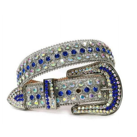 ERDOUY Western Men Women Rhinestone Belts Bling Crystal Studded Leather Belt For Pants Jeans (White AB Blue)