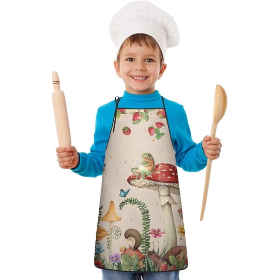 Red Mushroom Frog Light Pattern Kids Aprons for Girls and Boys,Adjustable Neck Strap Toddler Aprons for Kids Cooking Baking