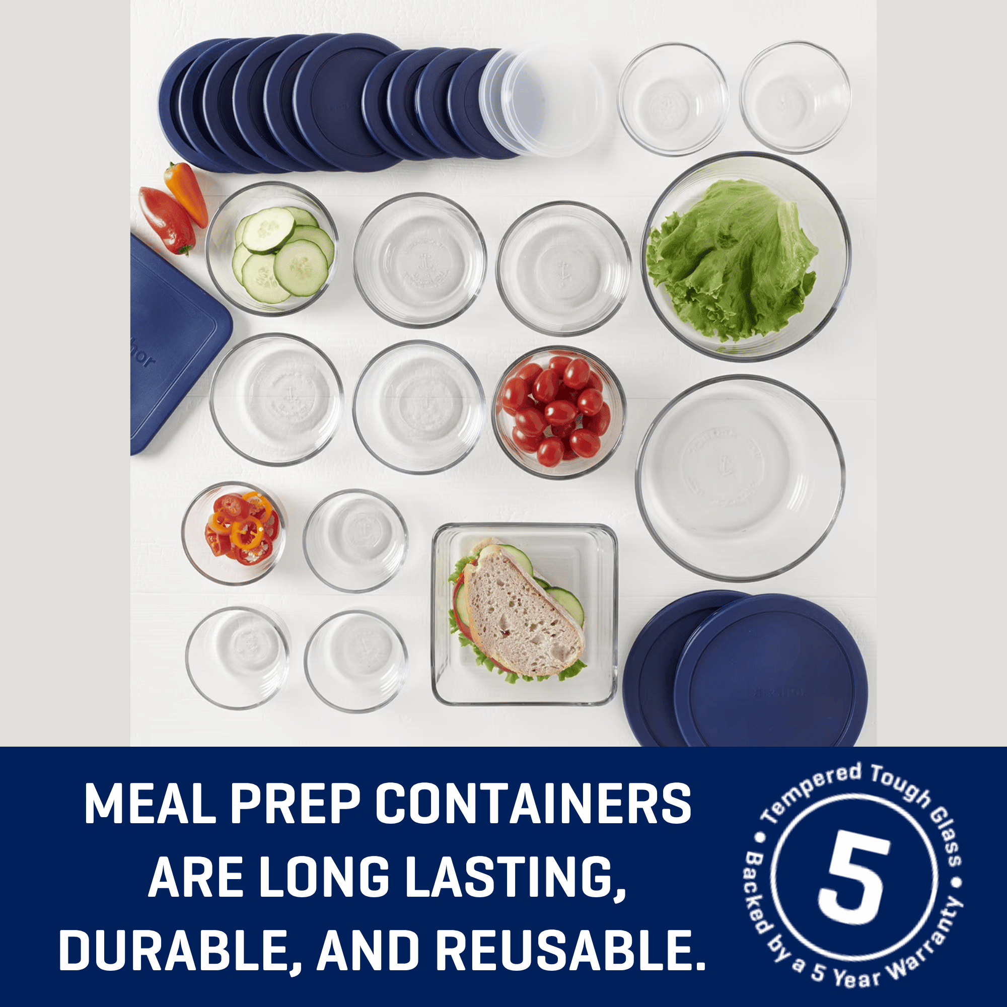 Anchor Hocking Clear Glass Food Storage,30 Piece Set with Navy Lids