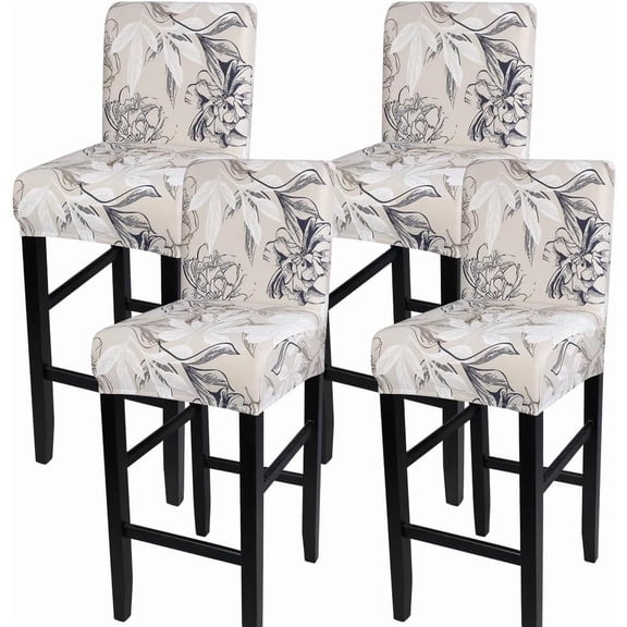 Bar Stool Covers Set of 4, Stretch Washable Barstool Seat Covers, Counter Height Chair Covers for Kitchen Dining Room Cafe (Beige and Blue Flower)