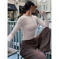 thumbnail image 4 of Womens Crewneck Long Sleeve Shirt Double Lined Basic Tees Side Ruched Going Out Crop Tops Gray S, 4 of 7