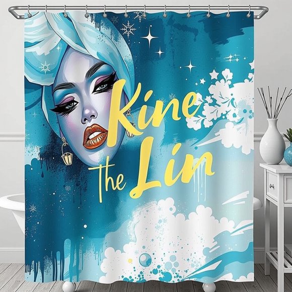 Stylish Blue Shower Curtain with Headdress & "Kine the Lin" Design - Vibrant Home Decor