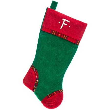 Christmas Stocking Monogrammed Monogrammed Christmas Stocking, Green Felt with Plaid Trim and Red Cuff with Kids Embroidered Initial ()