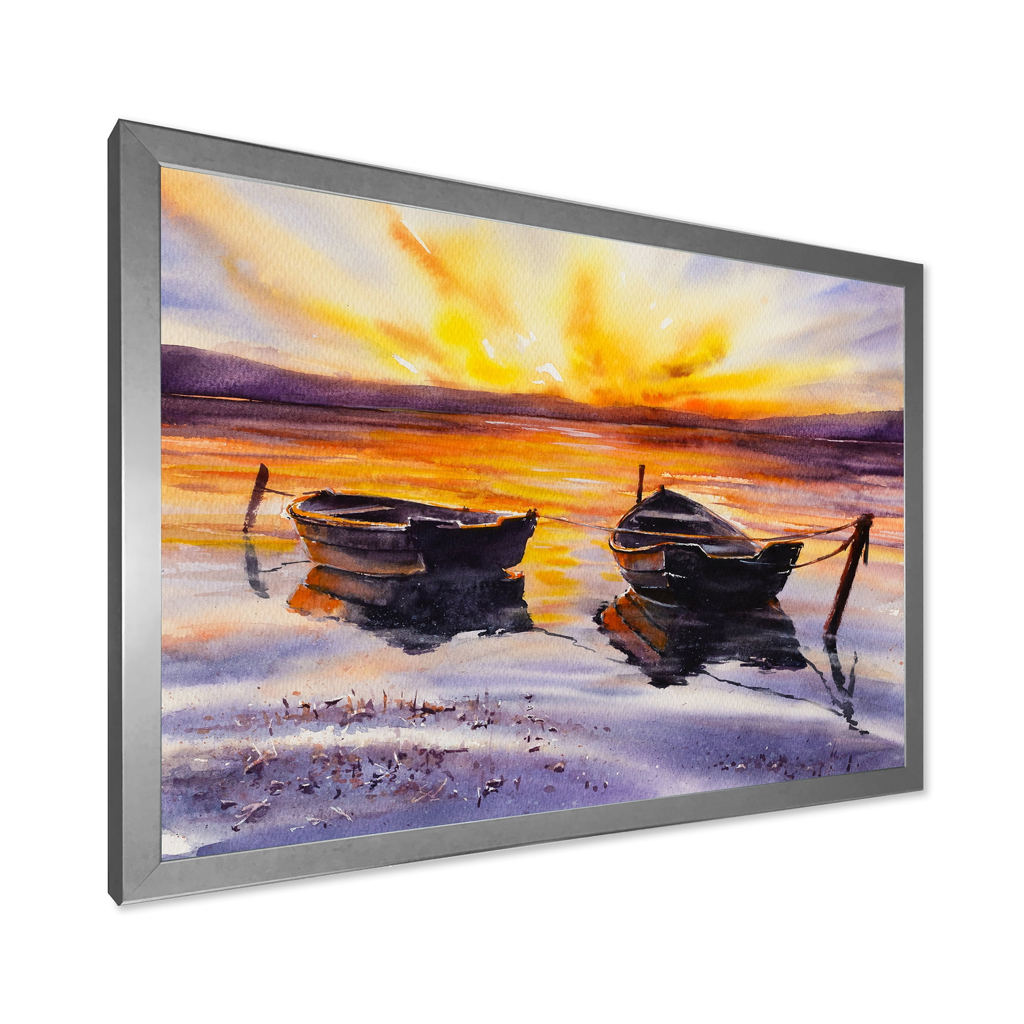 Designart 'Two Small Boats Parking On The Shore and Sunset' Lake House Framed Art Print
