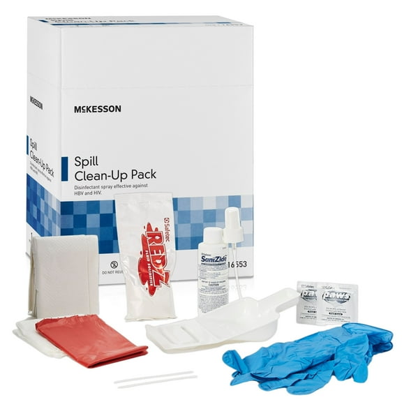 McKesson Bloodborne Spill Clean-Up Kit with Gloves, Hand Wipes, Cleaning Solution and Fluid Solidifier, 1 Count, 1 Pack