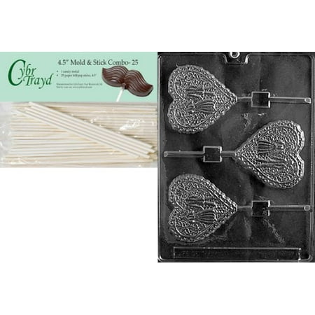 Bride And Groom Candy Molds - Cybrtrayd 45St25-W025 Lacy Bride and Groom Heart Wedding Chocolate Candy Mold with 25-Pack 4.5-Inch Lollipop Sticks
