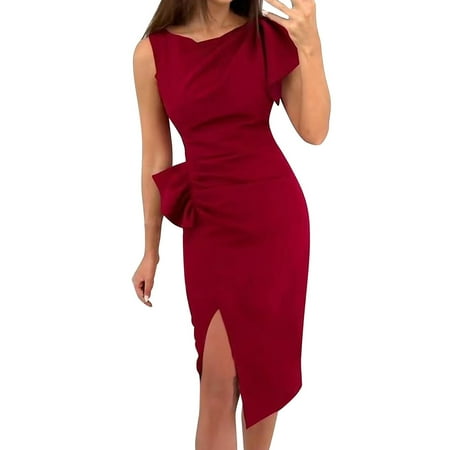 

YFPWM Summer Dresses for Women 2022 Casual Chiffon Evening Gowns Lace Appliques Bride Dress Waist Ribbed Knitted Dress Halter Neck Mid-length Dress Round Neck Sleeveless Slit Dress