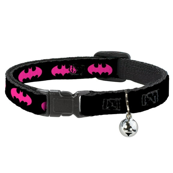 DC Comics Breakaway Cat Collar With Bell, Plastic Clip, Easy Adjustable, Batman Signal Black Fuchsia, 8.5 to 12 Inches 0.5 Inch Wide