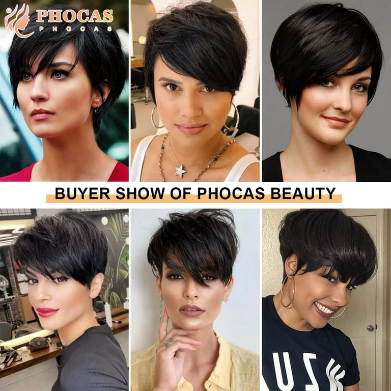Phocas Black Short Wigs for Women Straight Human Hair Wigs with Bangs Pixie Cut Wigs Wefted Wig Caps