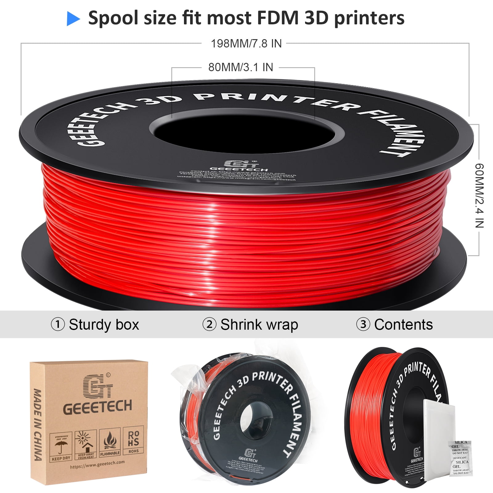 GEEETECH PLA 3D Printer Filament 1.75mm Red, Dimensional Accuracy +/-0.03mm, 10kg (22lbs) , Vacuum Packaging, Fit for Most 3D FDM Printer