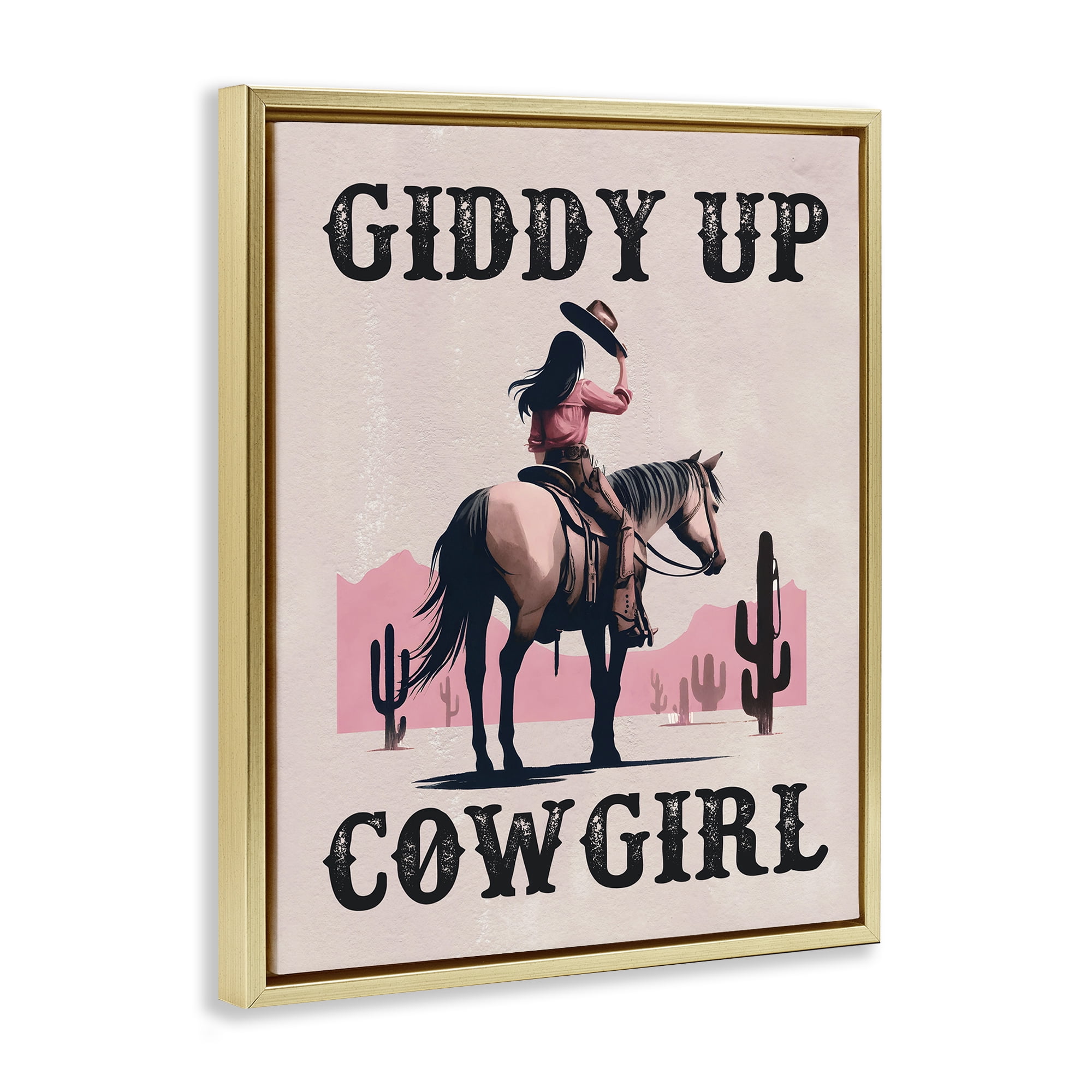 Stupell Industries Giddy Up Brunette Cowgirl People Painting Gold Floater Framed Canvas Art Print Wall Art, 17 x 21
