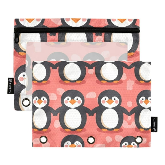 Cartoon Lovely Penguins 2 Pack Pencil Pouch for 3 Ring Binder Smooth Zipper Folders with Pockets Clear Window Pencil Case