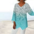 thumbnail image 3 of ManxiVoo Women's Summer Tops V Neck Blouse Casual Short Sleeve Shimmer Vintage Digital Print Soft Comfortable Shirt For Leggings And Daily Wear S Size Light Blue, 3 of 3