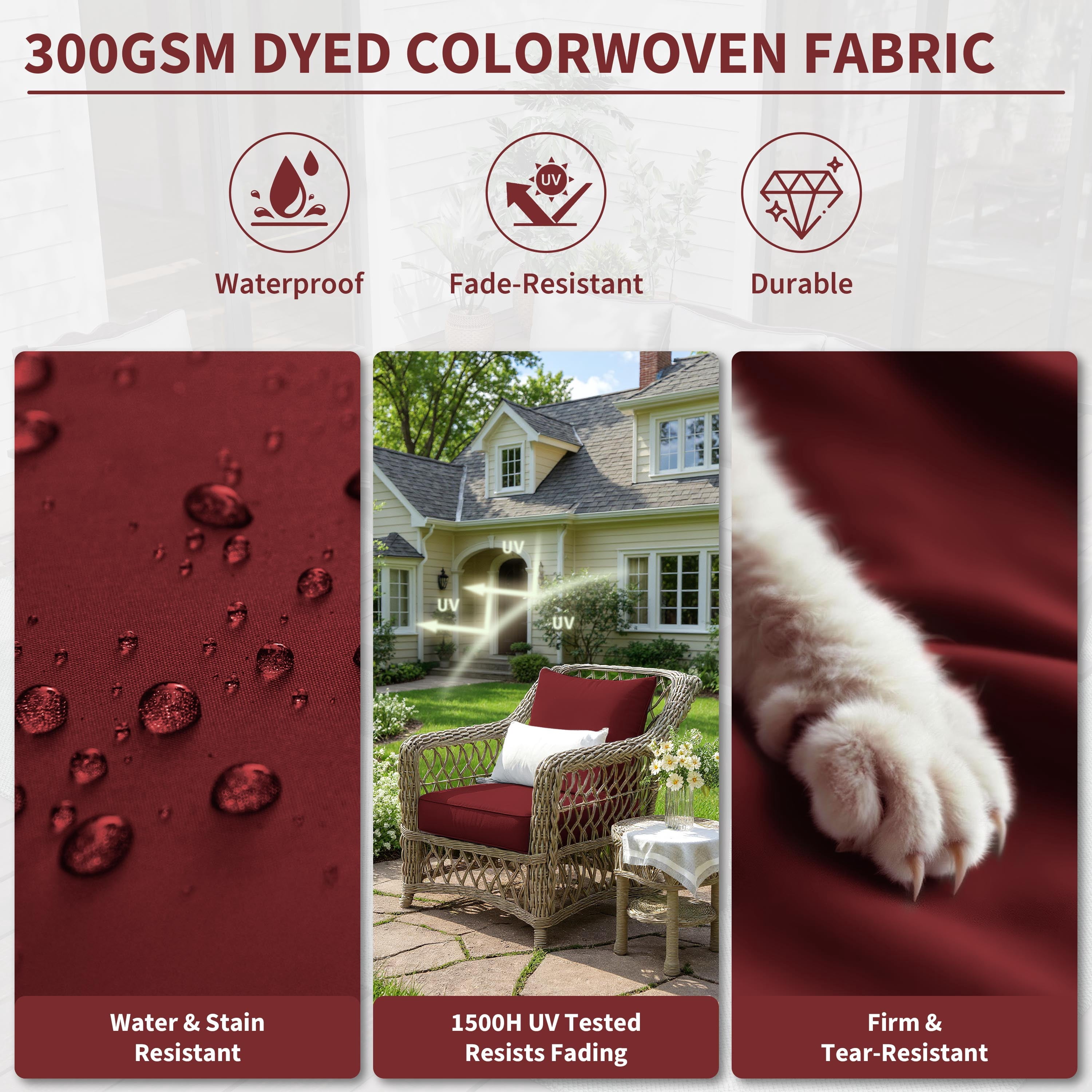 Kimunuk Outdoor Seat Cushion Set, 22" X 24" X 4" Water-Resistant & Fade-Resistant Patio Furniture Replacement Cushions with Handle and Straps for Sofa Chair, Burgundy