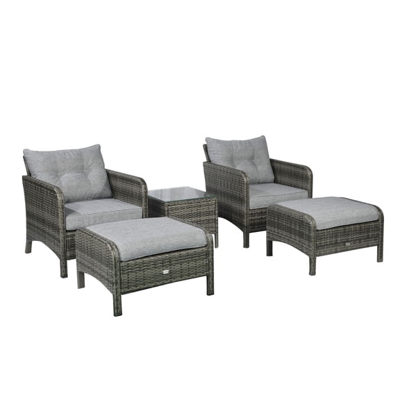 Gray Rattan Patio Furniture Set - 5 Piece Outdoor Conversation Set with Cushions, Chairs, Ottomans & Table