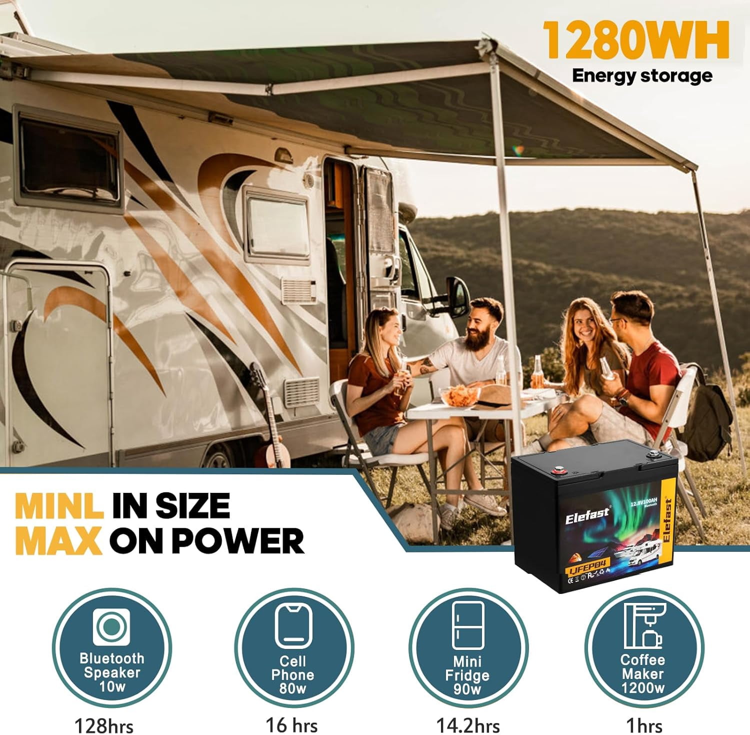 Lifepo4 Battery 100AH 12V Lithium Battery,Built-in 100A BMS and Bluetooth,20000+ Deep Cycle,Perfect for RV,Marine/Trolling Motors,Caravan Camping