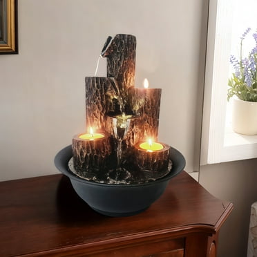 MEHOOM Resin 3-Tier Tabletop Waterfall Fountain with Candle Holder, Desktop Water Fountain Indoor Home