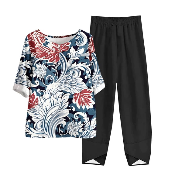 LYXSSBYX Two Piece Sets for Women Summer Women's Casual Round Neck Short Sleeve Top and Pants Digital Printing Two-piece Set