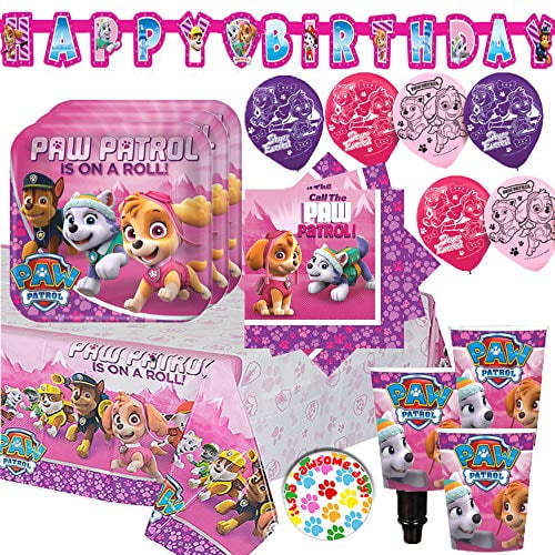 Girl Paw Patrol Party Supplies and Decorations Pack for 16 With Plates, Napkins, Tablecover, 6 Balloons, Birthday Banner, and Exclusive Paw Birthday Pin By Another Dream - - Walmart.com