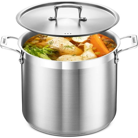 Stockpot – 12 Quart – Brushed Stainless Steel – Heavy Duty Induction Pot with Lid and Riveted Handles – For Soup, Seafood, Stock, Canning and for Catering for Large Groups and Events by BAKKEN