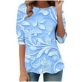 thumbnail image 5 of Women's Plus Size Floral Tops 3/4 Length Casual T-shirts Graphic Printed Crewneck Tees Tshirts Summer Fall (S, Sky Blue), 5 of 7