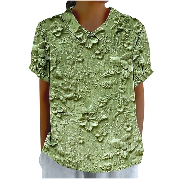 Tops de Manga Corta para las Mujeres Suelto Ajuste Casual Cortado Manga Corta Blusa de Impresión, Camisa Suelta de Cuello Redondo de Poliéster, Lavado a Mano Primavera Verano