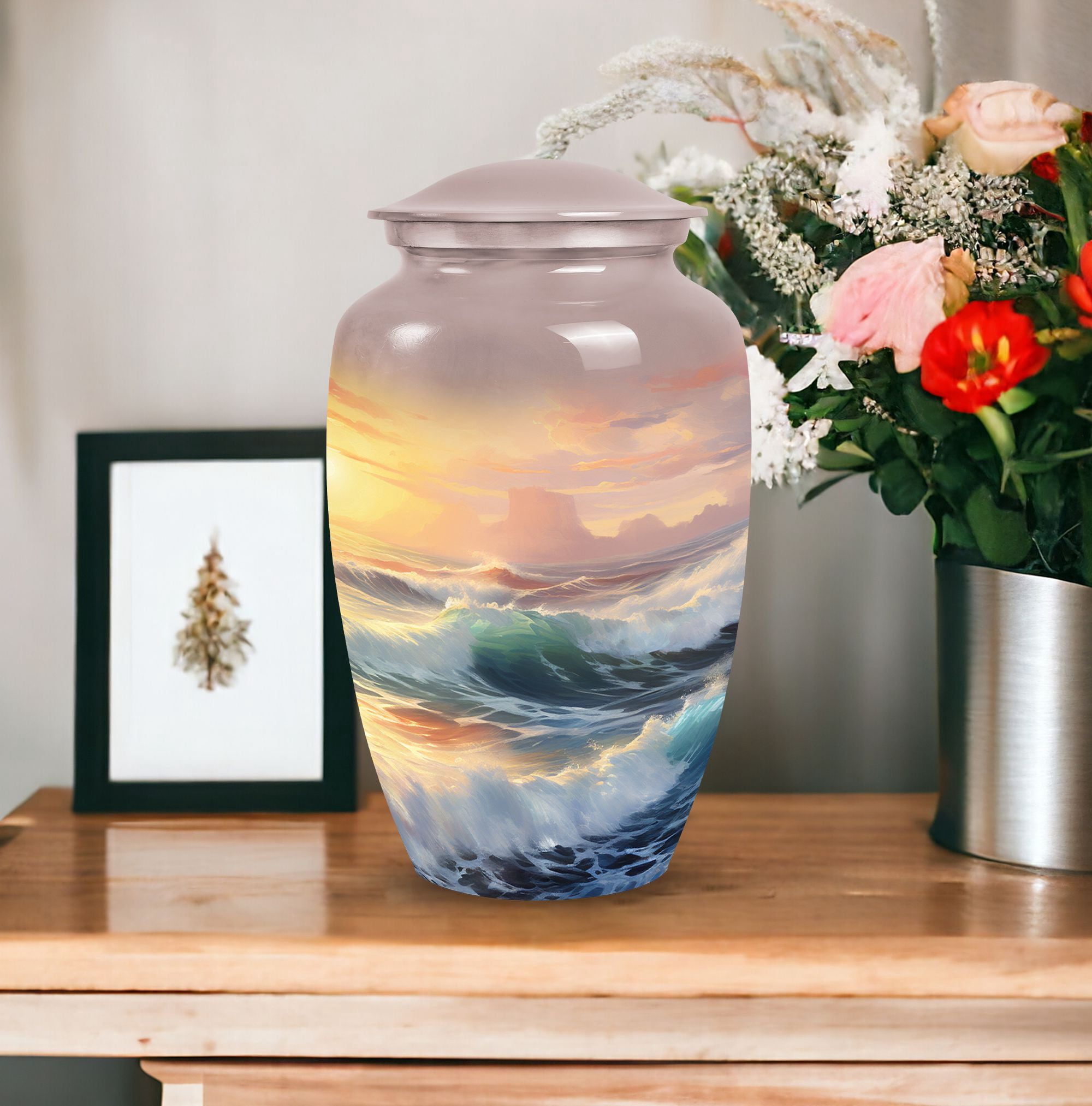 Sunset Over Ocean Waves - Large Urn - 10-Inch Cremation Urn For Adult Ashes - Elegant Design For Men And Women - Urns For Ashes Adult Male Large - Urns For Human Ashes Large Adult