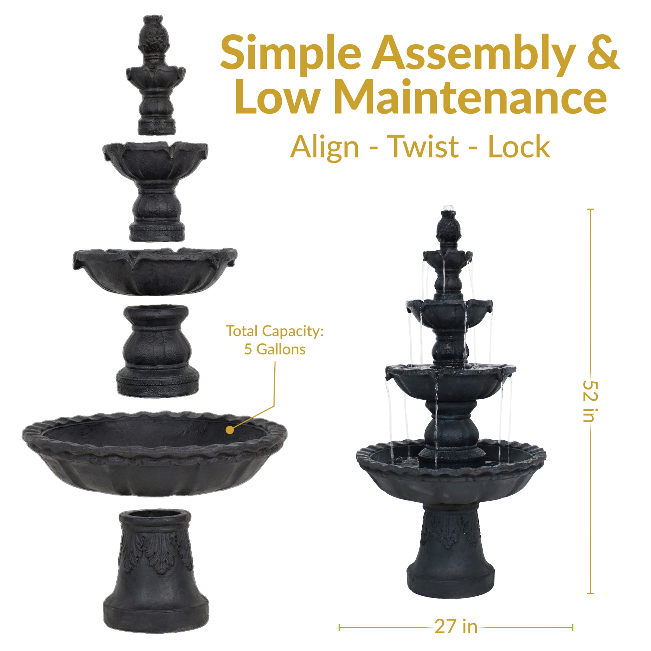 Sunnydaze Pineapple Traditional Black Resin 4-Tier Outdoor Water Fountain