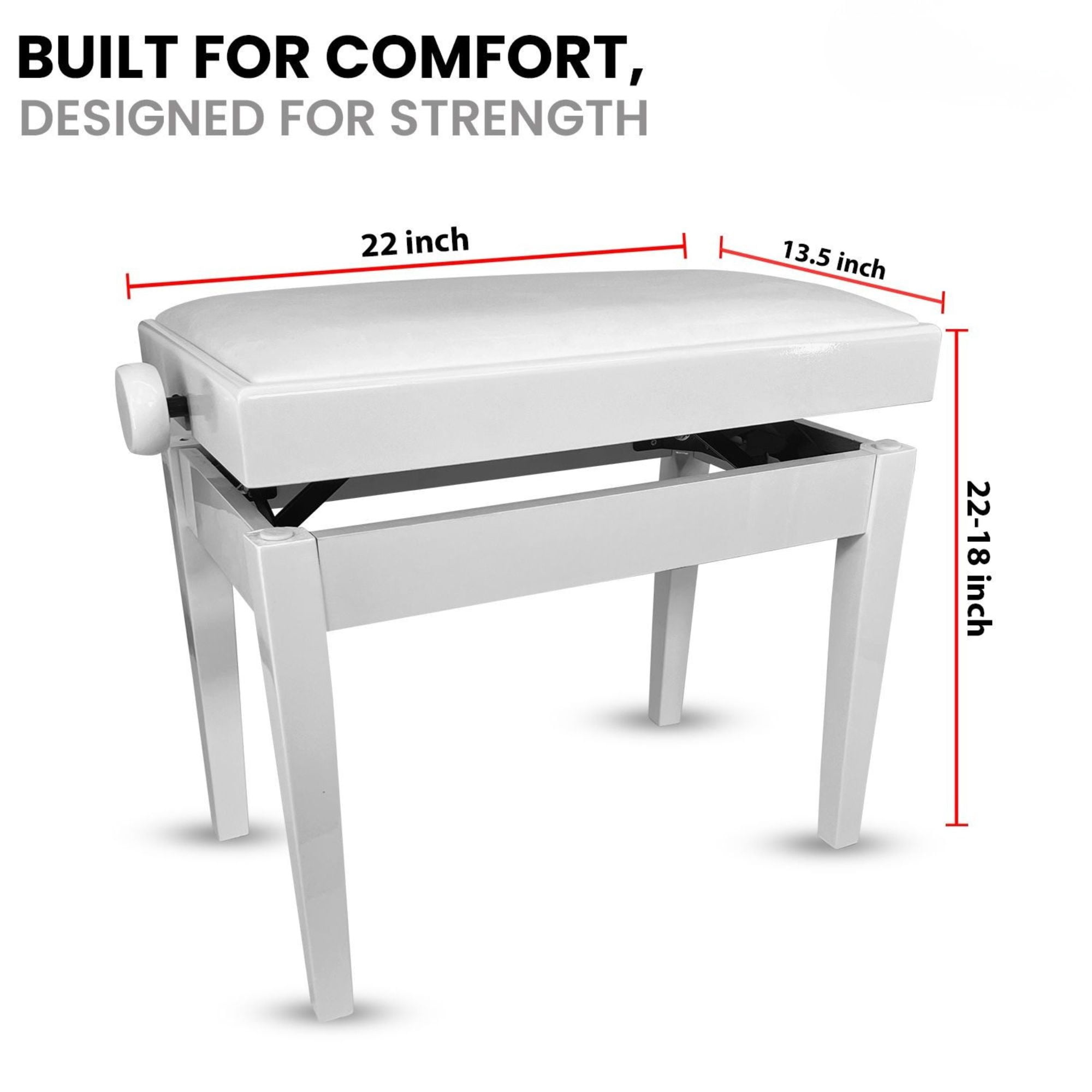 Adjustable Piano Bench - Padded Solid Wood Keyboard Stool (18"-22") - White
