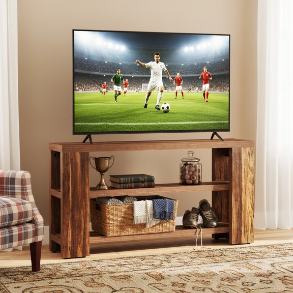 Finmind 70.9" TV Stand, 3-Tier Wooden Media Console for Living Room, Farmhouse Brown
