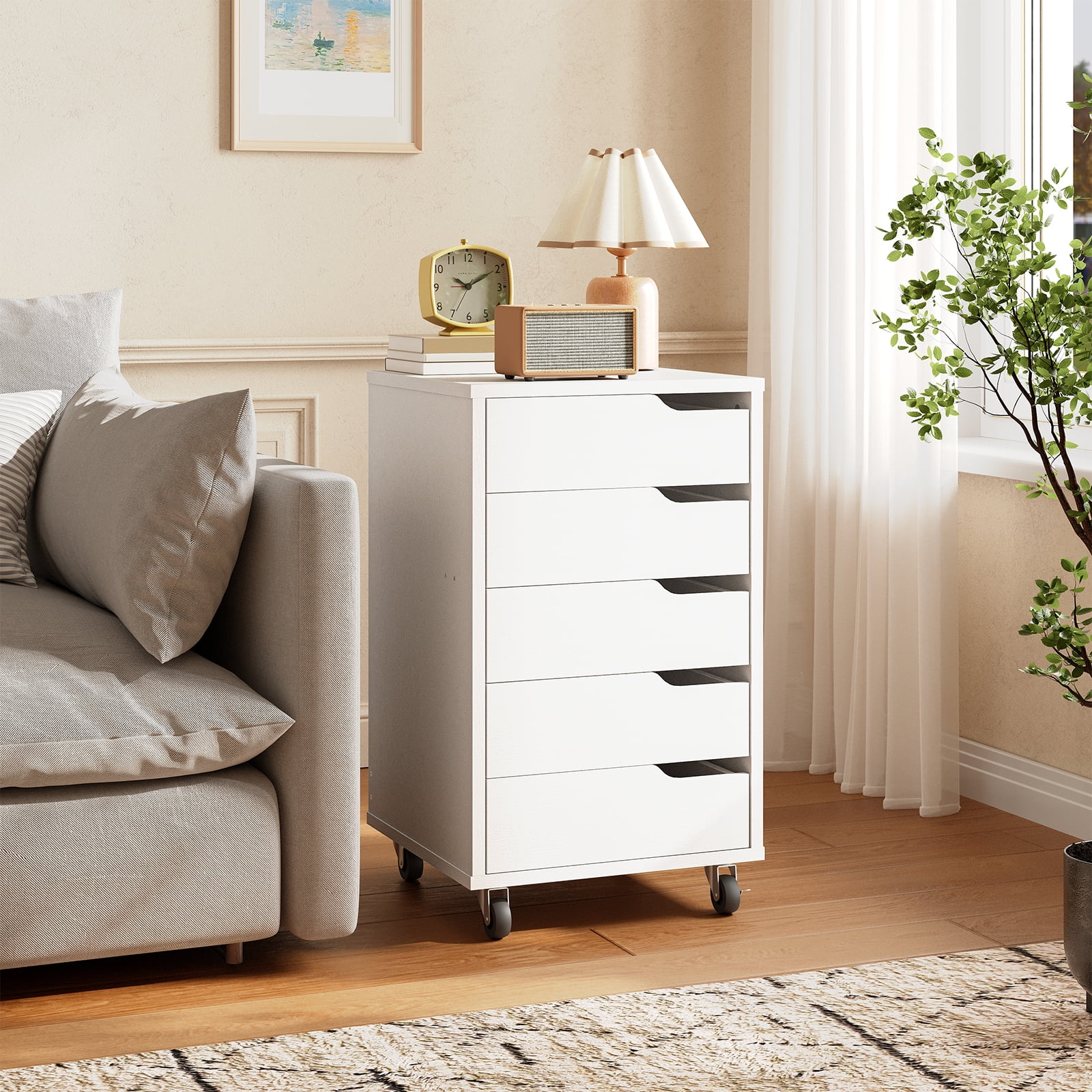 5-Drawer Mobile File Cabinet with 4 Casters (2 Lockable), No-Handle Rolling Storage Cabinet, Compact Filing Organizer for Office, Living Room, Bedroom,White