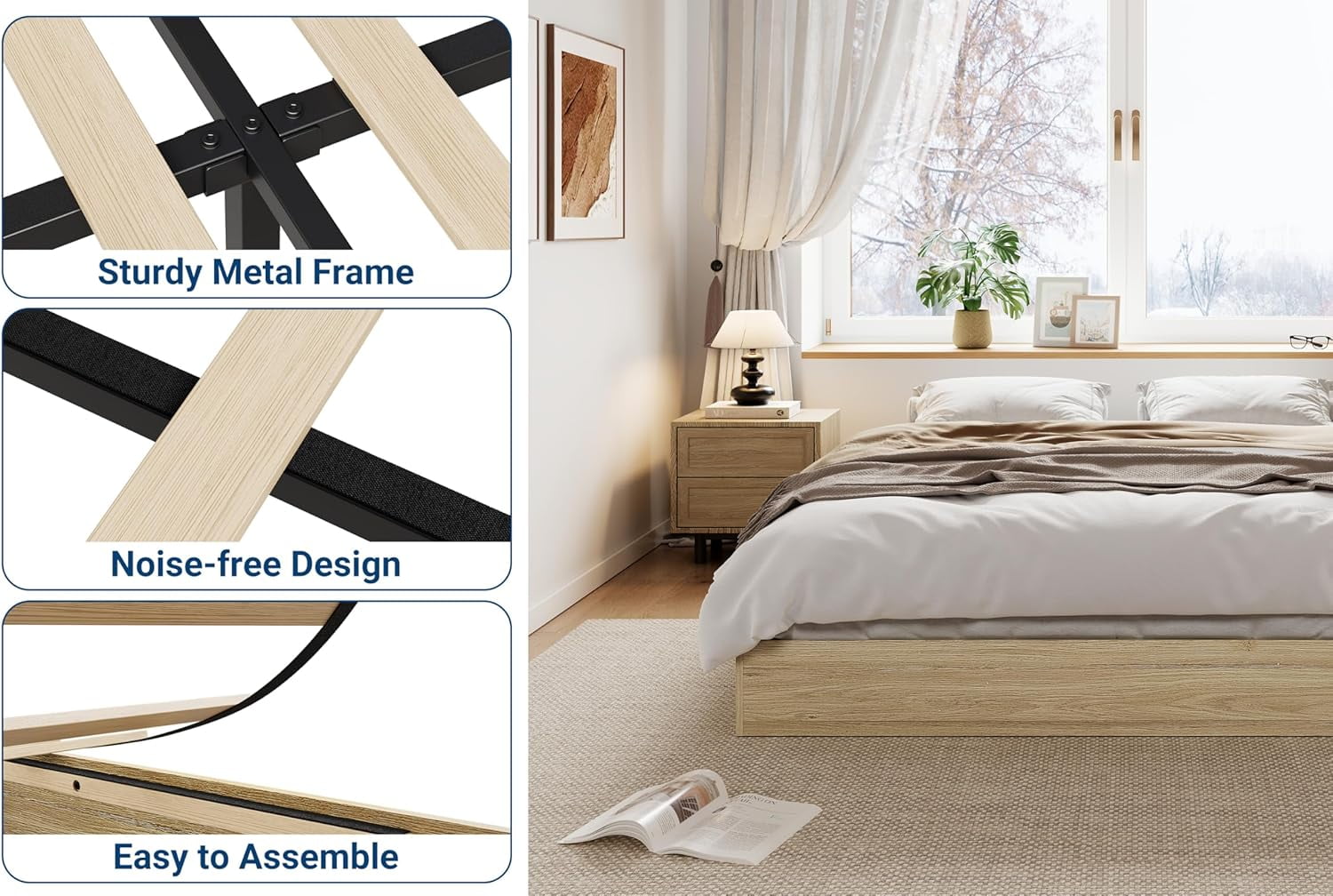 GAOMON 41 Inch Twin XL Wood Platform Bed Frame,Wooden Bed Frame Without Headboard, Wood Slat Support, No Noise , No Box Spring Needed,Easy Assembly, Natural
