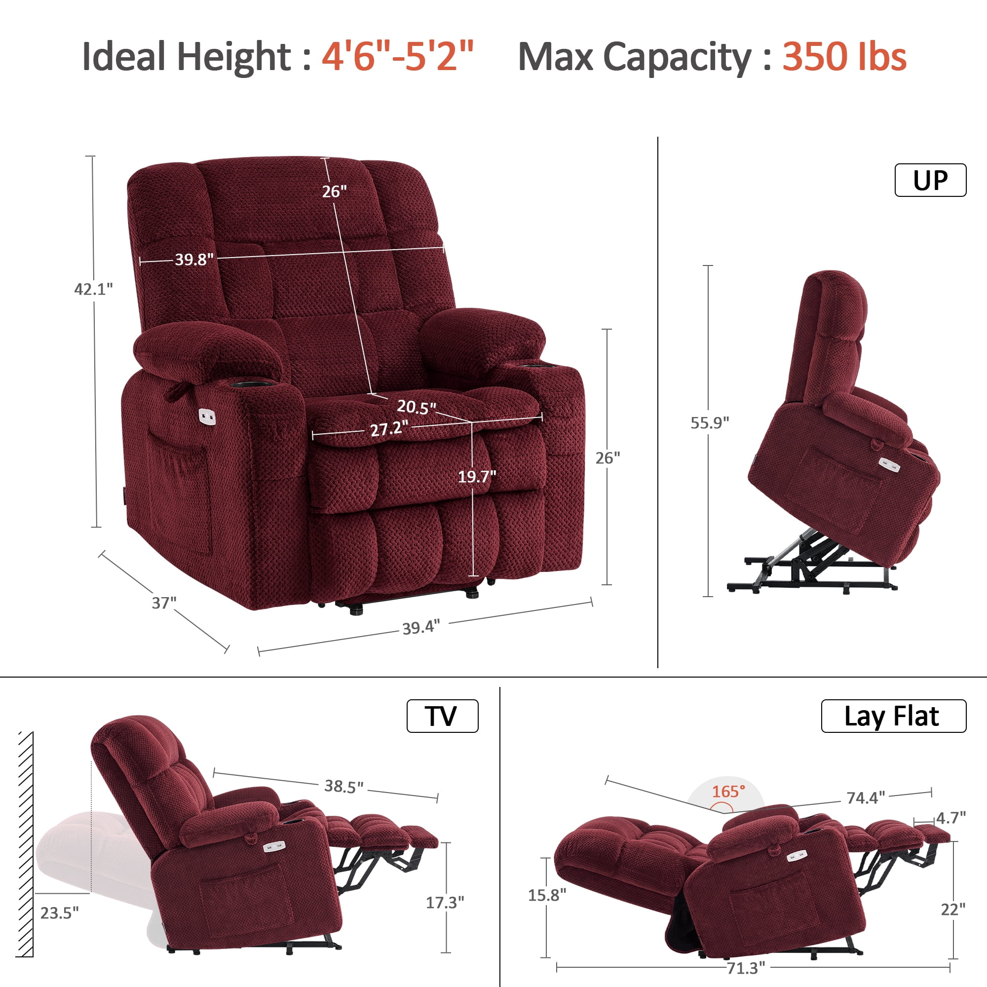Oversized 27.2" Seat Width Dual Motor Power Recliner Lift Chair with Vibration and Heat for Height 4'6"-5'2", Infinite Position