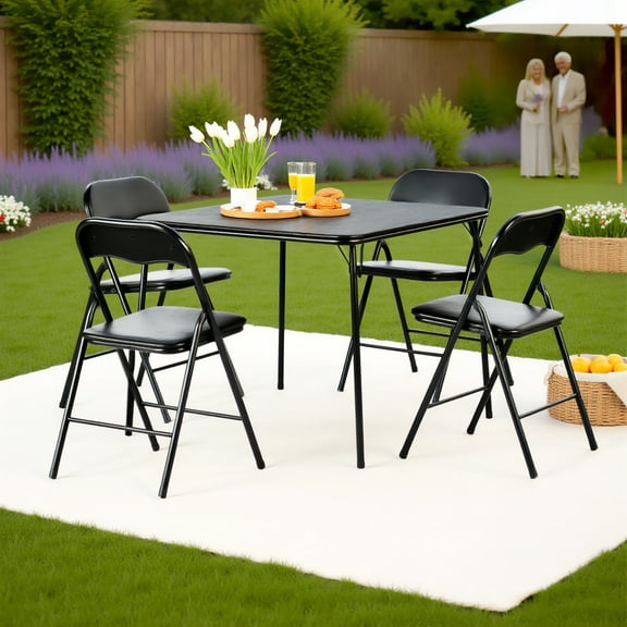 Homy Casa 5-Piece Folding Table and Chairs Set, 33.9in Dining Table with 4 Metal Chairs, Black