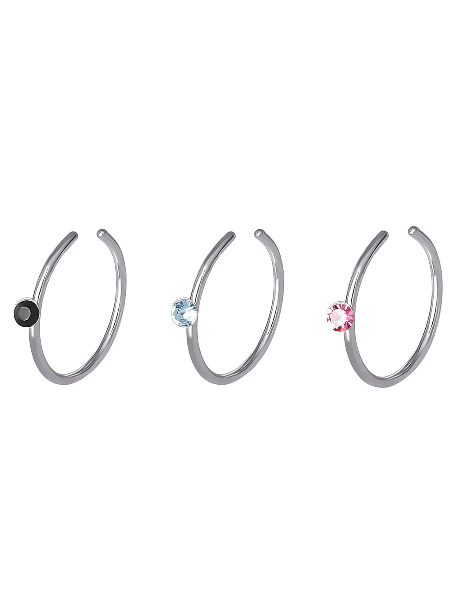 Body Jewelry Women's 16-Gauge Surgical Steel Nose Hoops with Crystal Accents, 3 Pack