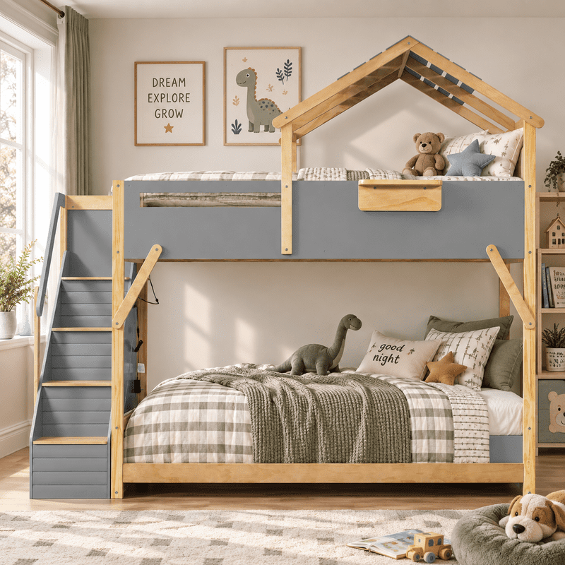 Twin Over Twin House Bunk Bed with Stairs, 3-Color LED Lights and Storage Shelf, Wooden Bunk Bed Frame with Guardrails and Roof Frame for Kids Bedroom