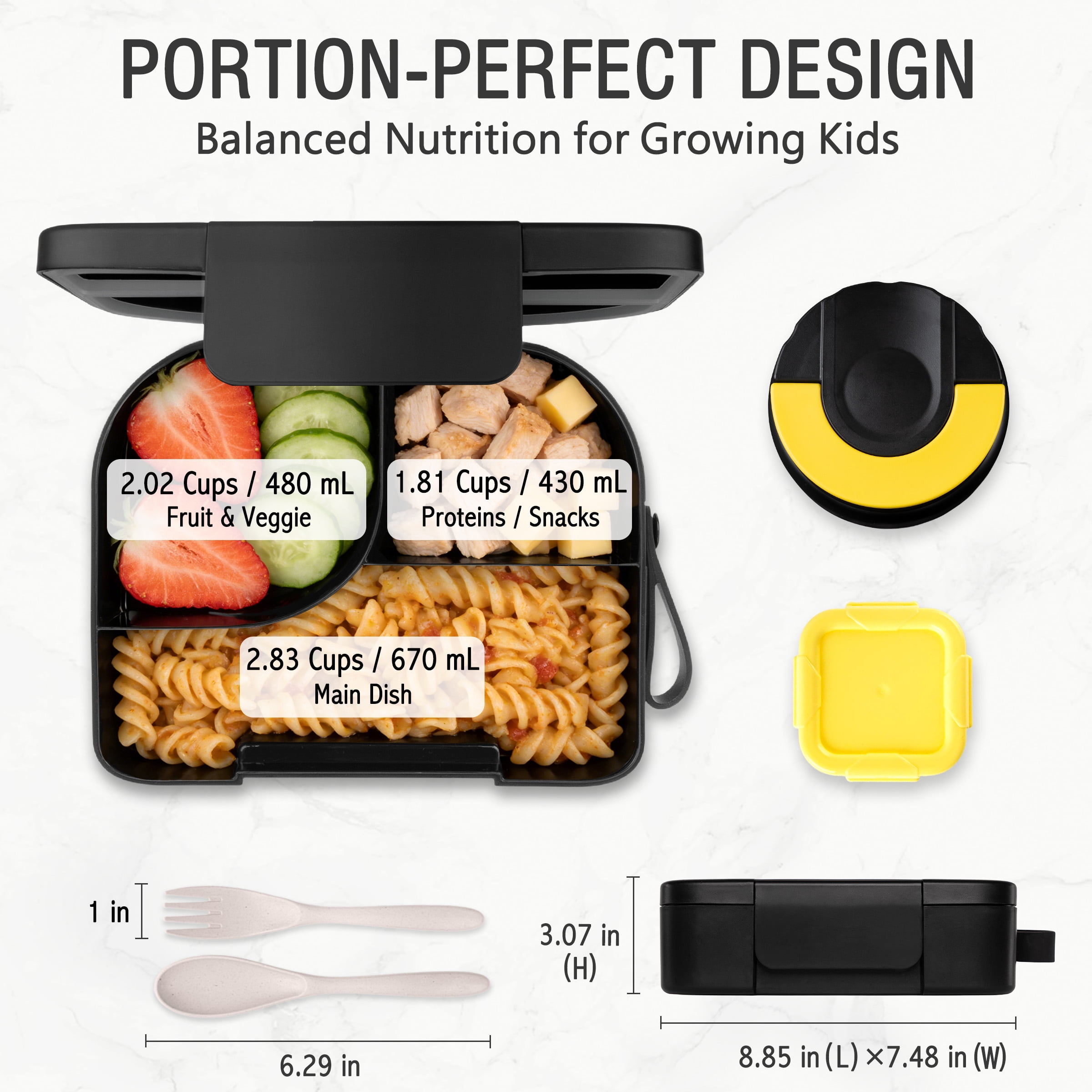 Primlect Bento Box, 3-Compartment Kids Lunch Container Set, with Leak-Proof Insulated Food Jar, Black