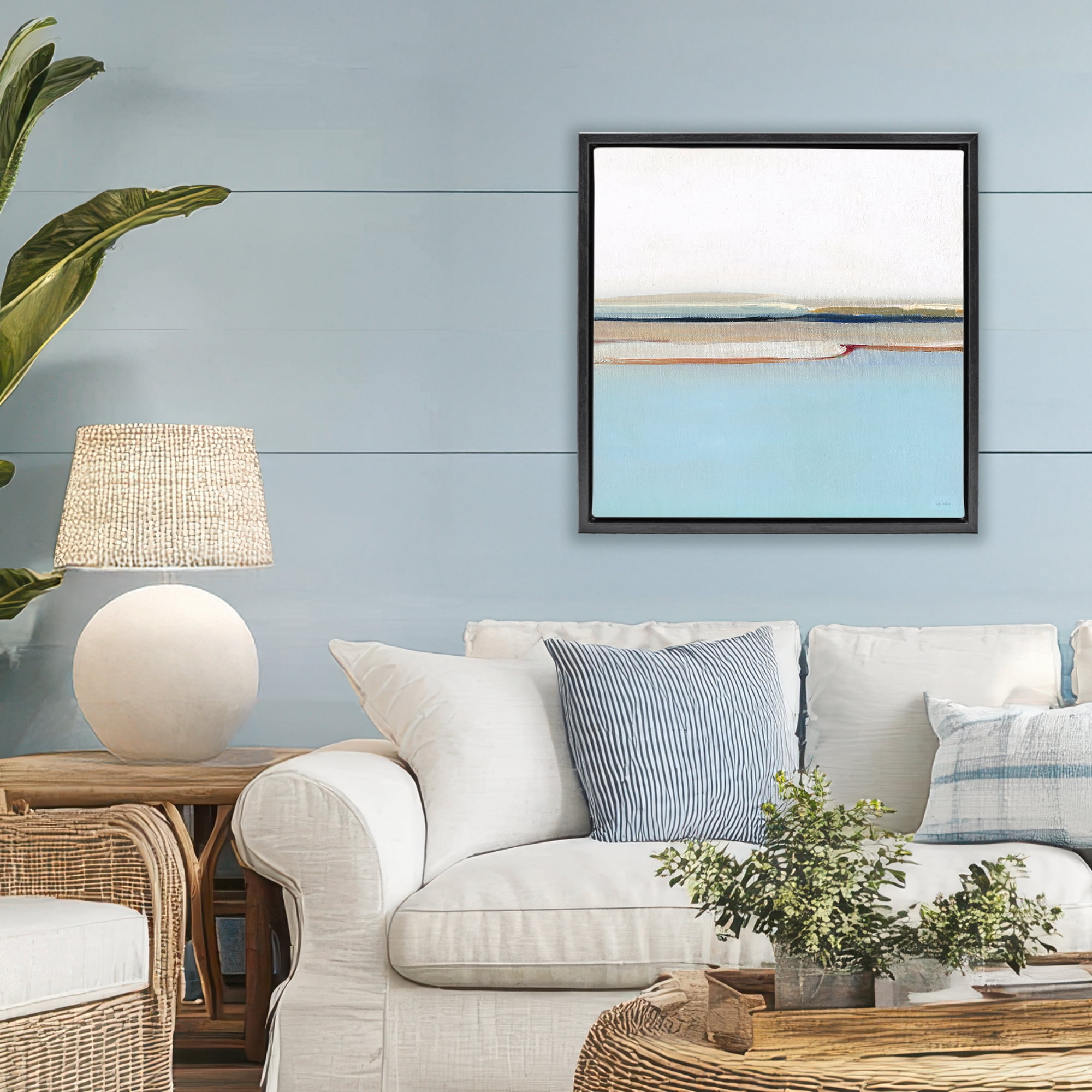 Stupell Industries Serene Minimal Shoreline at Dawn Black Framed Floater Canvas Wall Art, design by Sally Swatland
