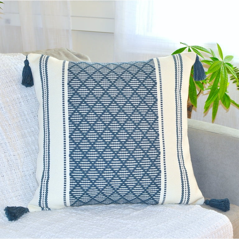 Decorative Lumbar Pillow Cover with Tassels, 12x20 Inches, Navy Blue /Cream  | Boho Rectangular Pillow Cover for Living room Couch, Sofa, Chair 
