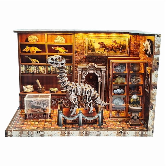 3d wooden puzzle for adults Dinosaur Laboratory book nook with lights model kit dollhouse DIY miniature house Birthday and Christmas gifts