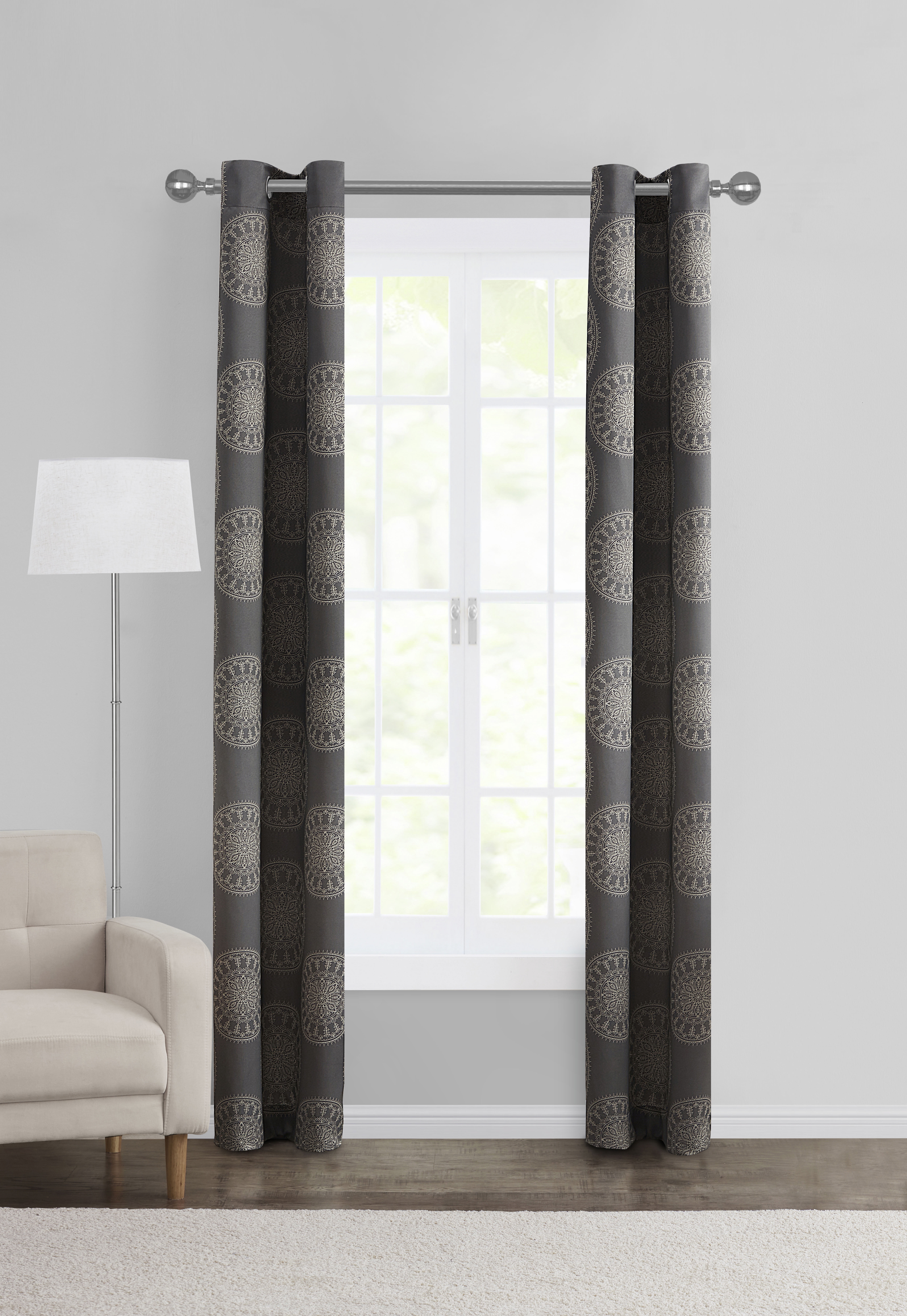 Mainstays Room Darkening Grommet Curtain Panel Pair, Set of 2, Medallion Gray, 30"W x 84"L