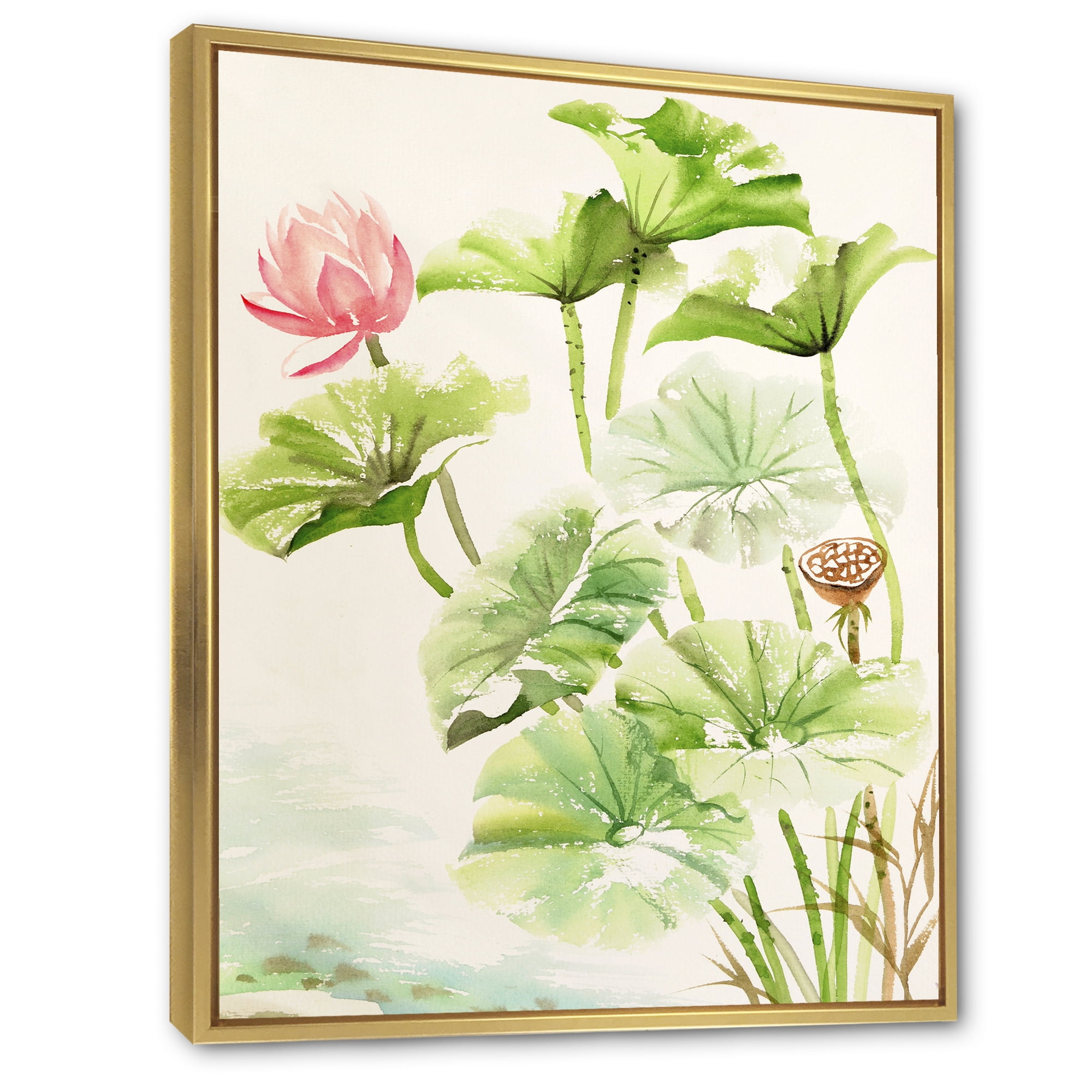 Designart 'Ancient Pink Lotuses In The Pond IV' Traditional Framed Canvas Wall Art Print