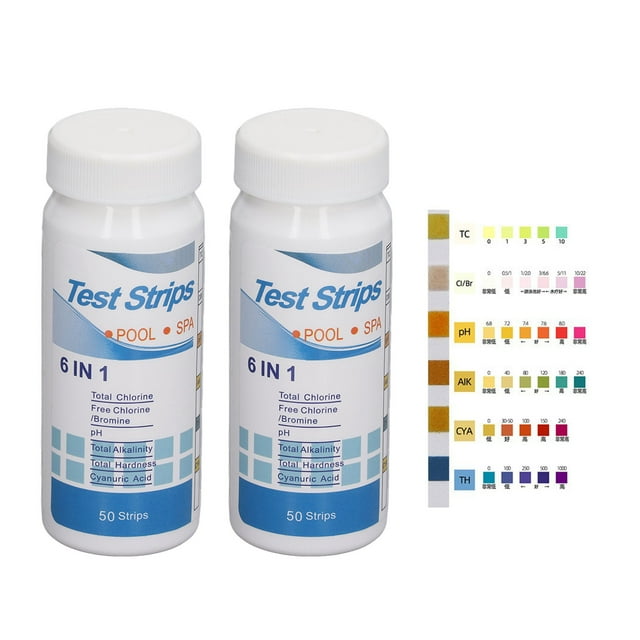 100 tiras de prueba de pH 6 en 1, pH, cloro, dureza, alcalinidad, ácido cianúrico, papel tornasol para piscina y spa.