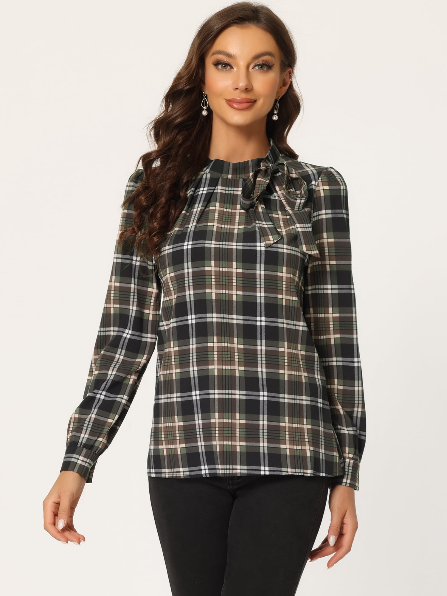 DARING DIVA Bow-Tie Neck Office Work Checks Shirt Top M Brown Black